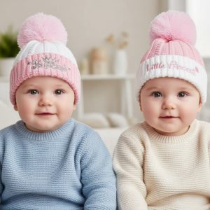 Pink & White "Princess" Cable Knit Pom Pom Baby Hat – by Soft Touch (Newborn –12 Months)