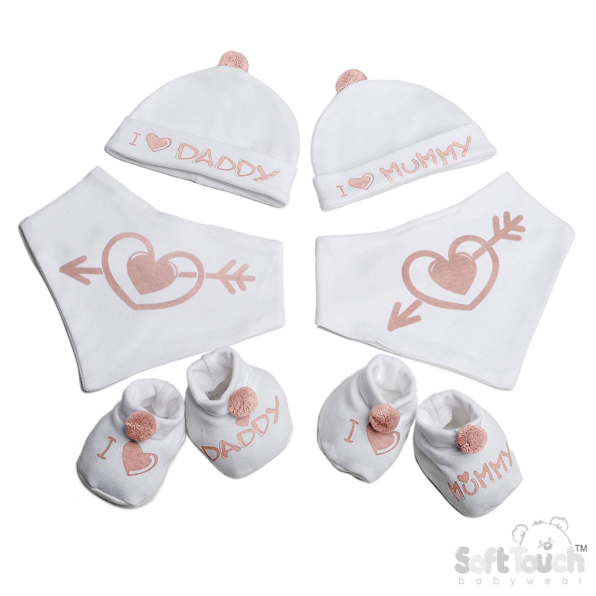 Dusty Pink "I Love Mummy/Daddy" Bib, Hat & Pom Pom Booties Set – by Soft Touch (Newborn –3 Months) - Image 2