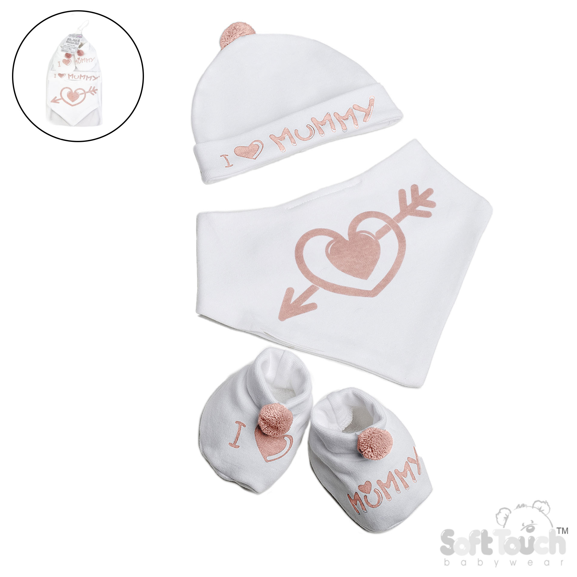 Dusty Pink "I Love Mummy/Daddy" Bib, Hat & Pom Pom Booties Set – by Soft Touch (Newborn –3 Months) - Image 4