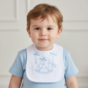 Sky Blue & White Rocking Horse Embroidered Cotton Baby Bib – by Soft Touch