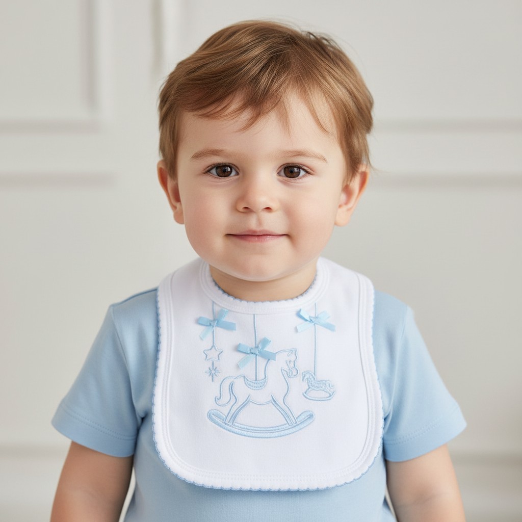 Sky Blue & White Rocking Horse Embroidered Cotton Baby Bib – by Soft Touch