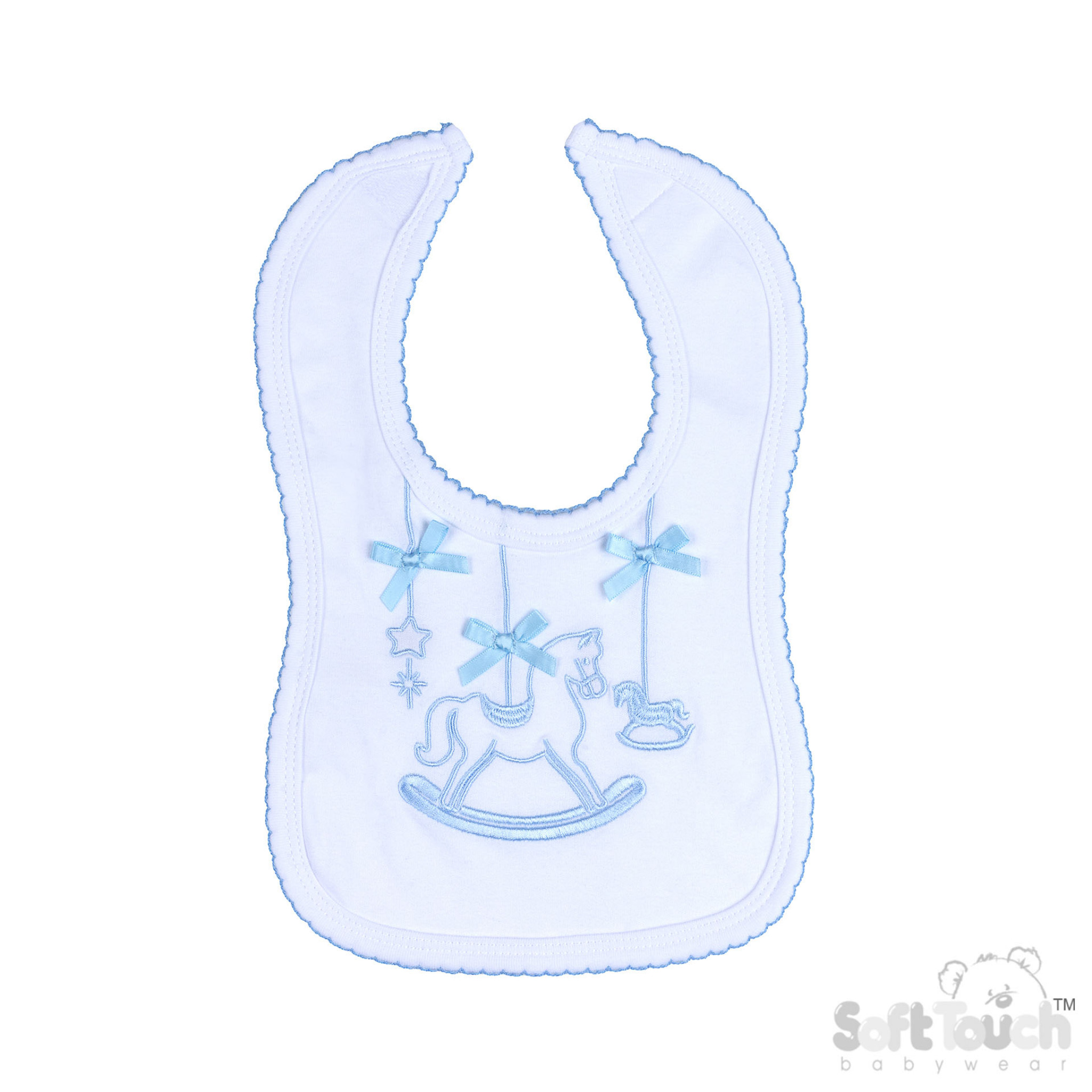 Sky Blue & White Rocking Horse Embroidered Cotton Baby Bib – by Soft Touch - Image 2
