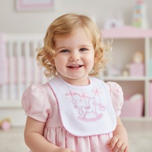 Pink & White Rocking Horse Embroidered Cotton Baby Bib – by Soft Touch
