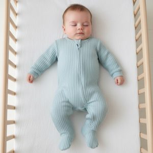 Sage Green Ribbed Zipped Sleepsuit – by Soft Touch (Newborn–3 Months)