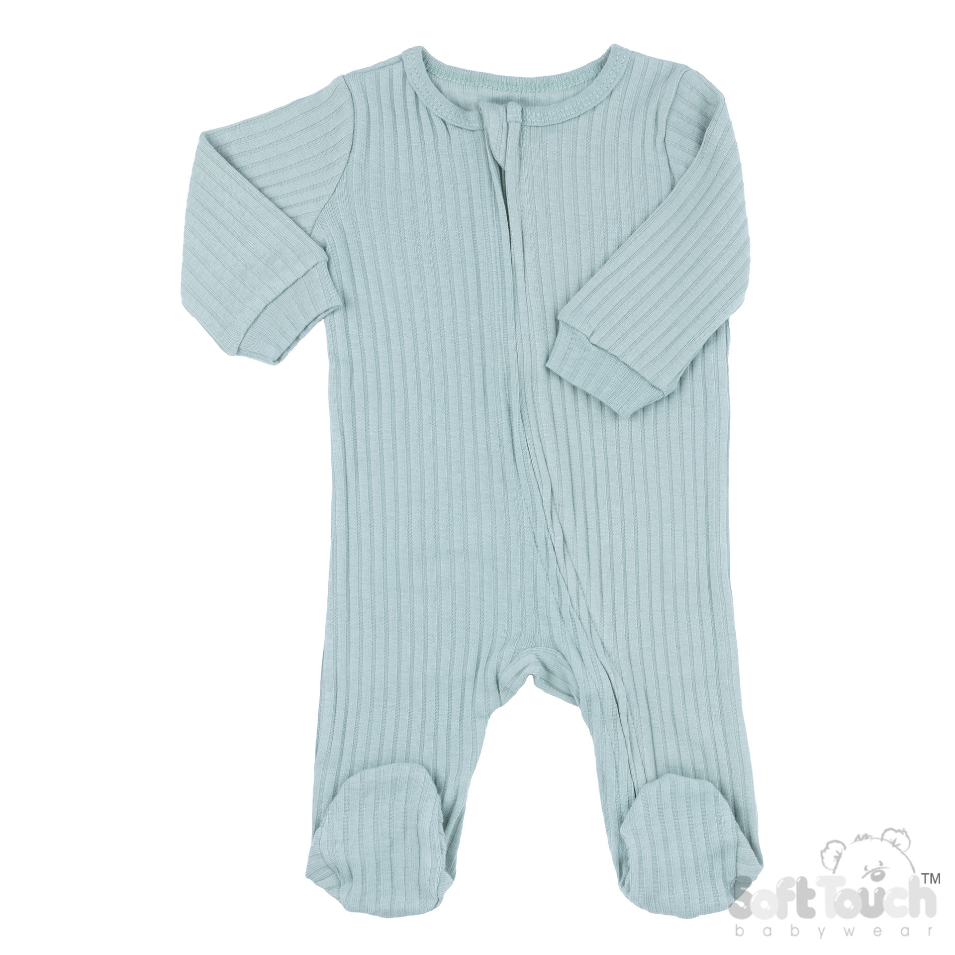 Sage Green Ribbed Zipped Sleepsuit – by Soft Touch (Newborn–3 Months) - Image 2