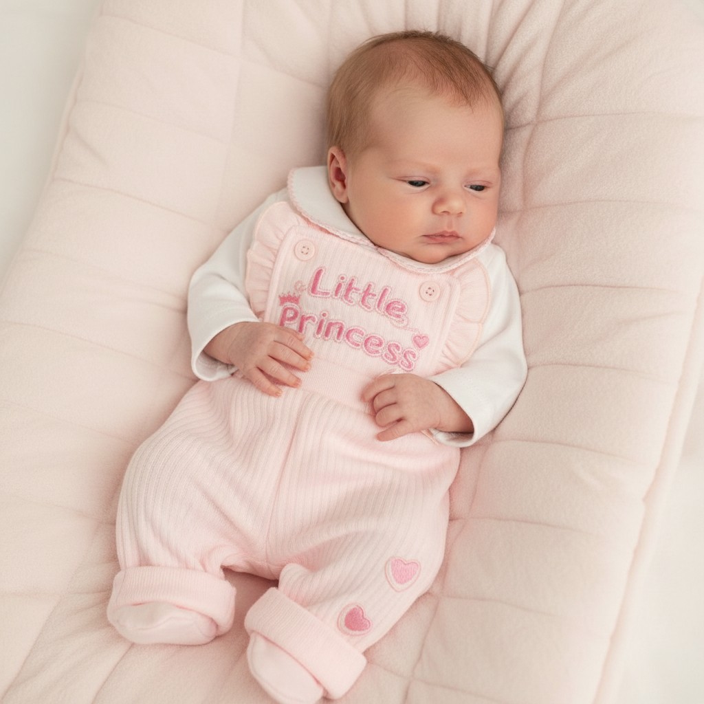 Pink & White Quilted "Little Princess" Dungaree & Top Set – by Tiny Chick (3–8 lbs)