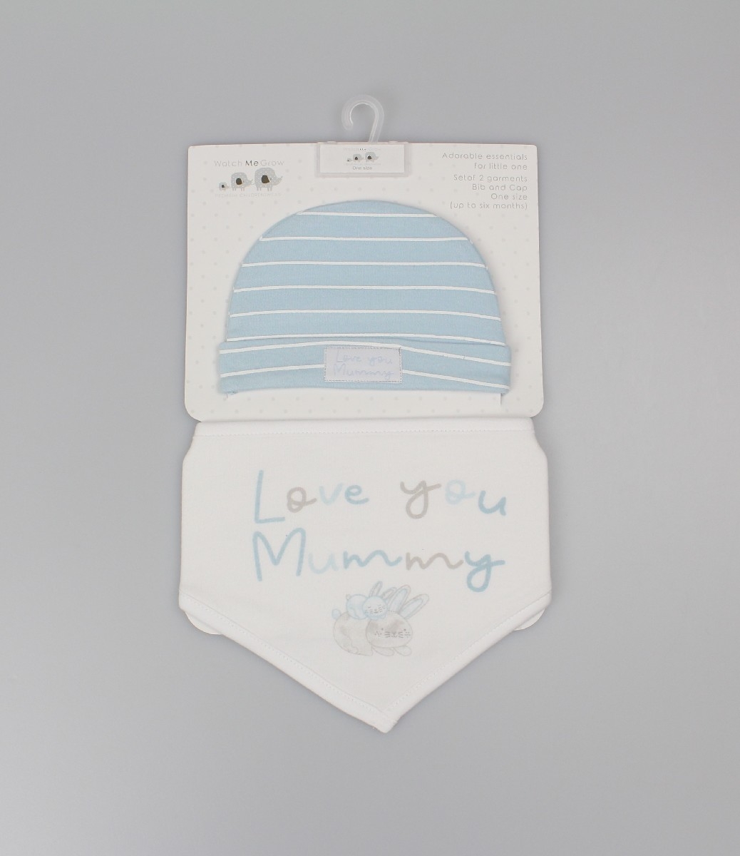 Sky Blue Baby Hat & Bib Set – 3 Designs – by Watch Me Grow - Image 3