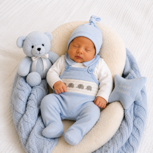 Blue Elephant Smocked Sleepsuit – by Tiny Chick (3–8 lbs)