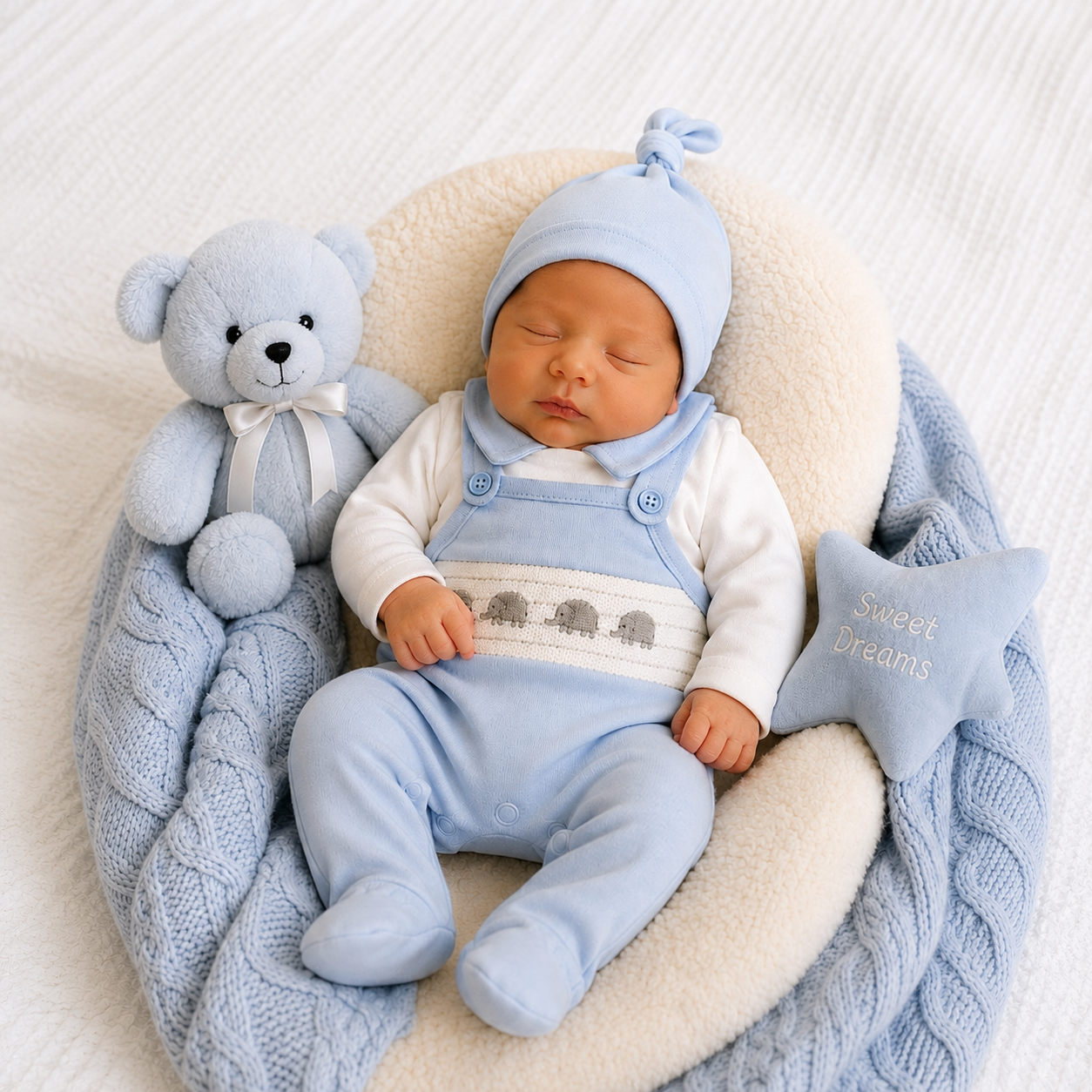 Blue Elephant Smocked Sleepsuit – by Tiny Chick (3–8 lbs)