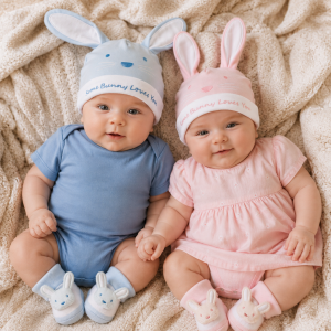 Pink or Sky "Some Bunny Loves You" Hat & Booties Gift Set – by Nursery Time (One Size - Newborn-12 Months)