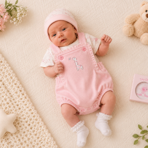 Pink & White Giraffe 2 Piece Pinafore Dungaree Set – by Tiny Chick (3–8 lbs)