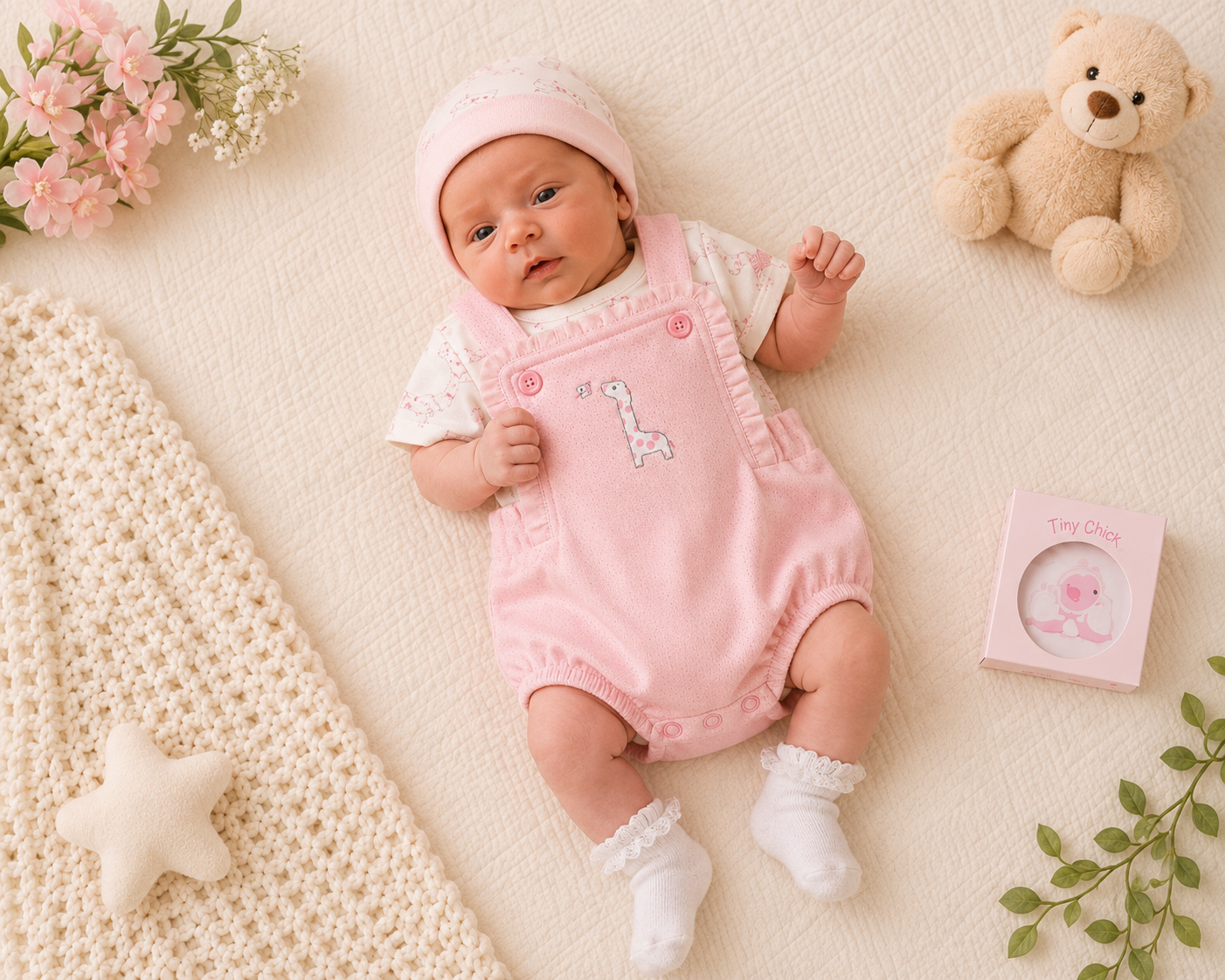 Pink & White Giraffe 2 Piece Pinafore Dungaree Set – by Tiny Chick (3–8 lbs)