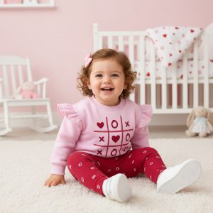 Red & Pink Noughts & Crosses Heart Top & Trousers Set – by Bupper Kids (12 Months) LAST ONE‼️
