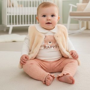 Furry Gilet, “Happy” Teddy Top & Frill Leggings Set – by Lily & Jack (0–9 Months)