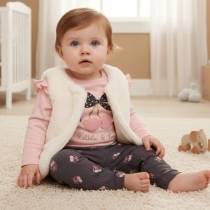 Cream Furry Gilet, Sequin Cherry Top & Leggings Set – by Lily & Jack (0–9 Months)