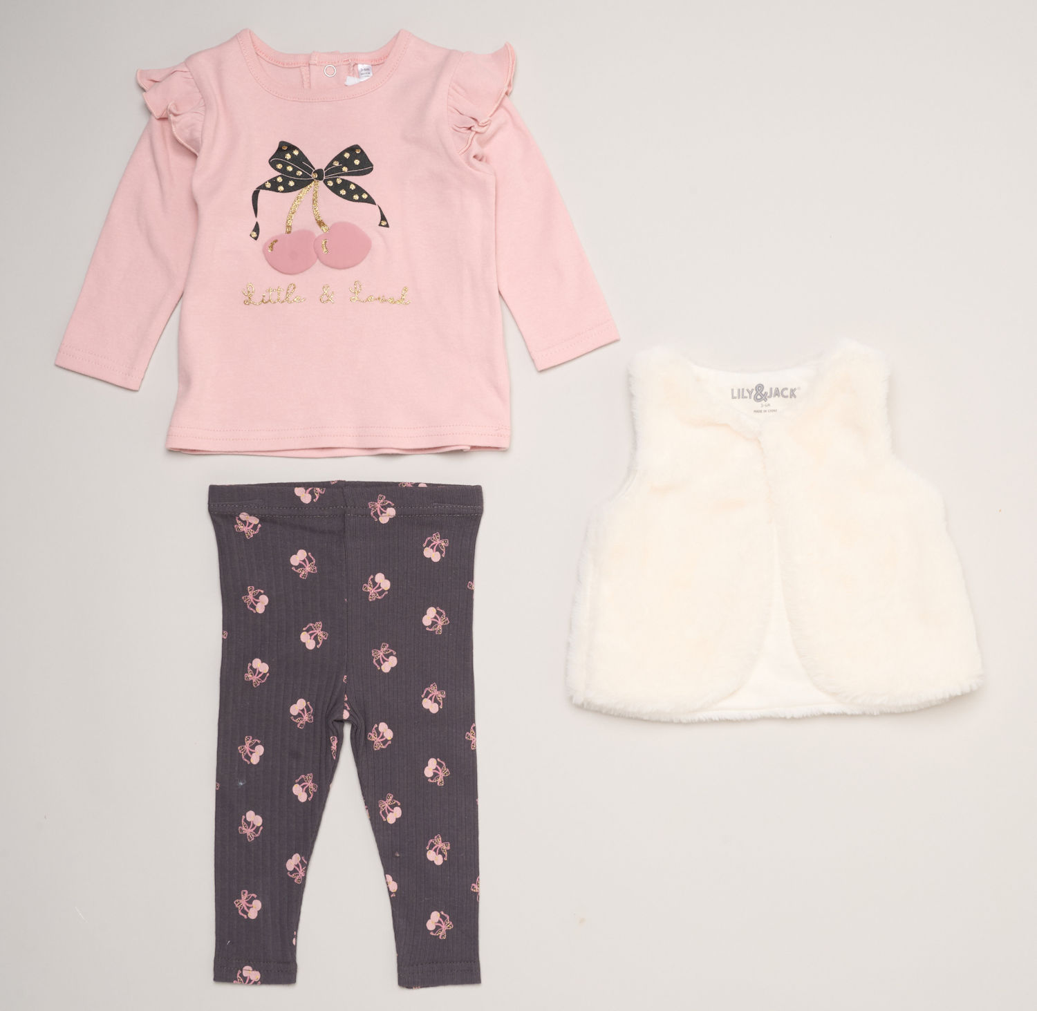 Cream Furry Gilet, Sequin Cherry Top & Leggings Set – by Lily & Jack (0–9 Months) - Image 2