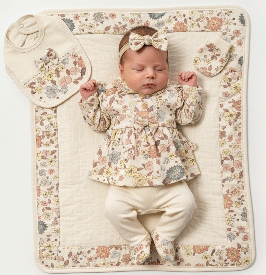 Floral & Gold Five Piece Baby Set – by MiniCayzen (0–3 Months)