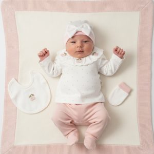 White & Dusky Pink Cherry Embroidered Five Piece Baby Set – by MiniCayzen (0–3 Months)