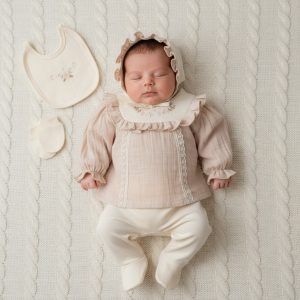 Biscuit Floral & Lace Five Piece Baby Set – by MiniCayzen (0–3 Months)