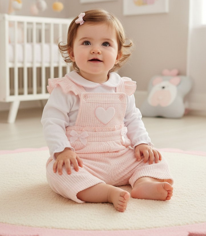 Pink Ribbed Frilled Dungaree & Top Set with Bows – by My Little Chick (Newborn–6 Months)
