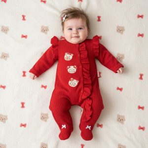 Red Frill & Teddy All In One – by My Little Chick (Newborn–6 Months)