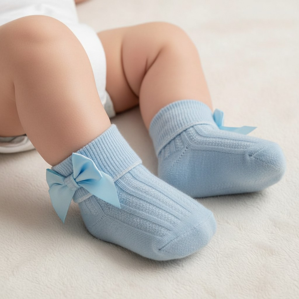 Sky Blue Bow Baby Socks – by Nursery Time (0–3 Months)