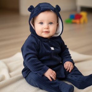 Navy Ribbed Velour Hooded Jacket & Trousers Set – by Rock A Bye Boutique (Newborn–6 Months)