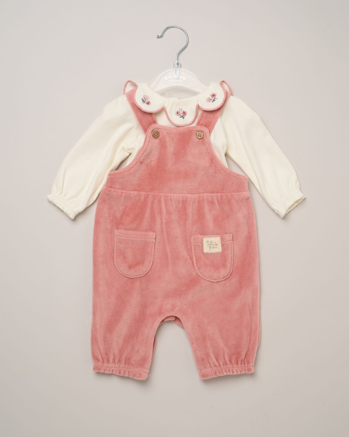 Rose Pink Velour Scalloped Floral Dungaree & Bodysuit Set – by Rock A Bye Boutique (3–9 Months) - Image 2