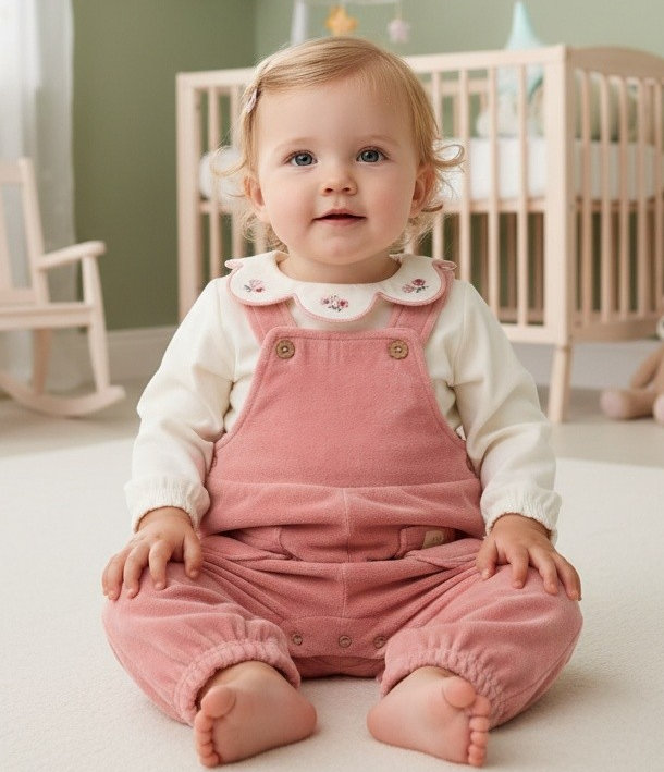 Rose Pink Velour Scalloped Floral Dungaree & Bodysuit Set – by Rock A Bye Boutique (3–9 Months)