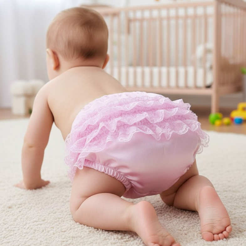 Pink Satin Frilly Baby Pants – by Soft Touch (0–12 Months)
