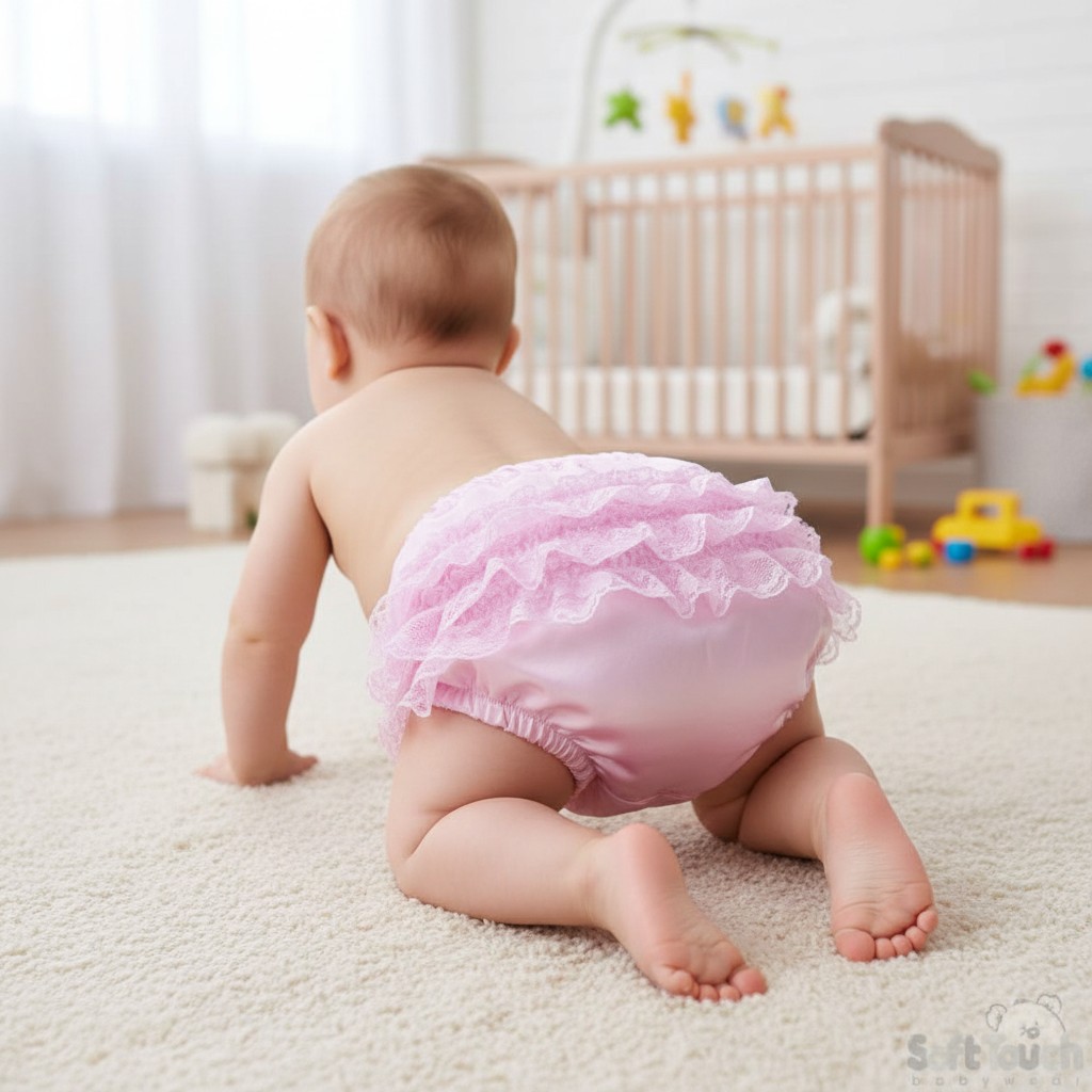Pink Satin Frilly Baby Pants – by Soft Touch (0–12 Months) - Image 2
