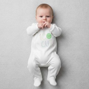 White & Multi “100% Cute” Dotty All In One – by Watch Me Grow (Newborn–3 Months)