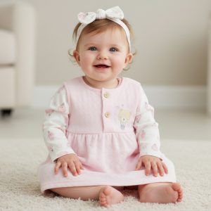 Pink Quilted Teddy & Hot Air Balloon Pinafore, Top & Headband Set – by Pure & Soft (0–9 Months)
