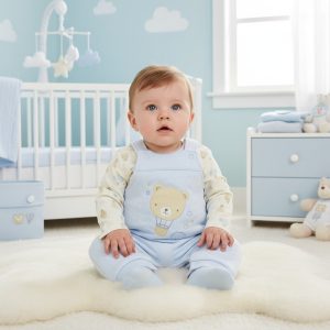 Sky Blue Quilted Teddy & Hot Air Balloon Dungarees & Top Set – by Pure & Soft (0–9 Months)