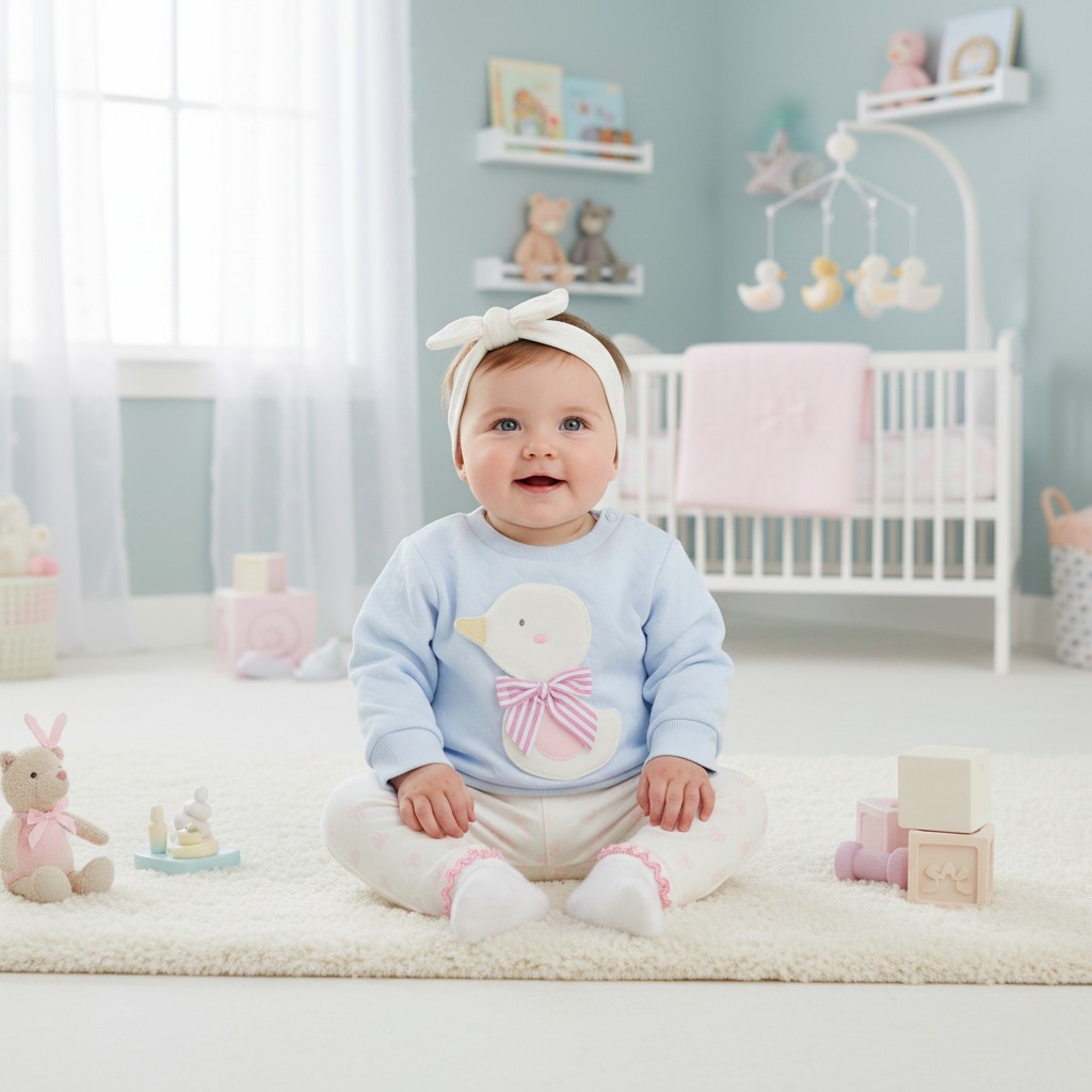 Bluebell Quilted Duck Top, Leggings & Headband Set – by Pure & Soft (0–6 Months)
