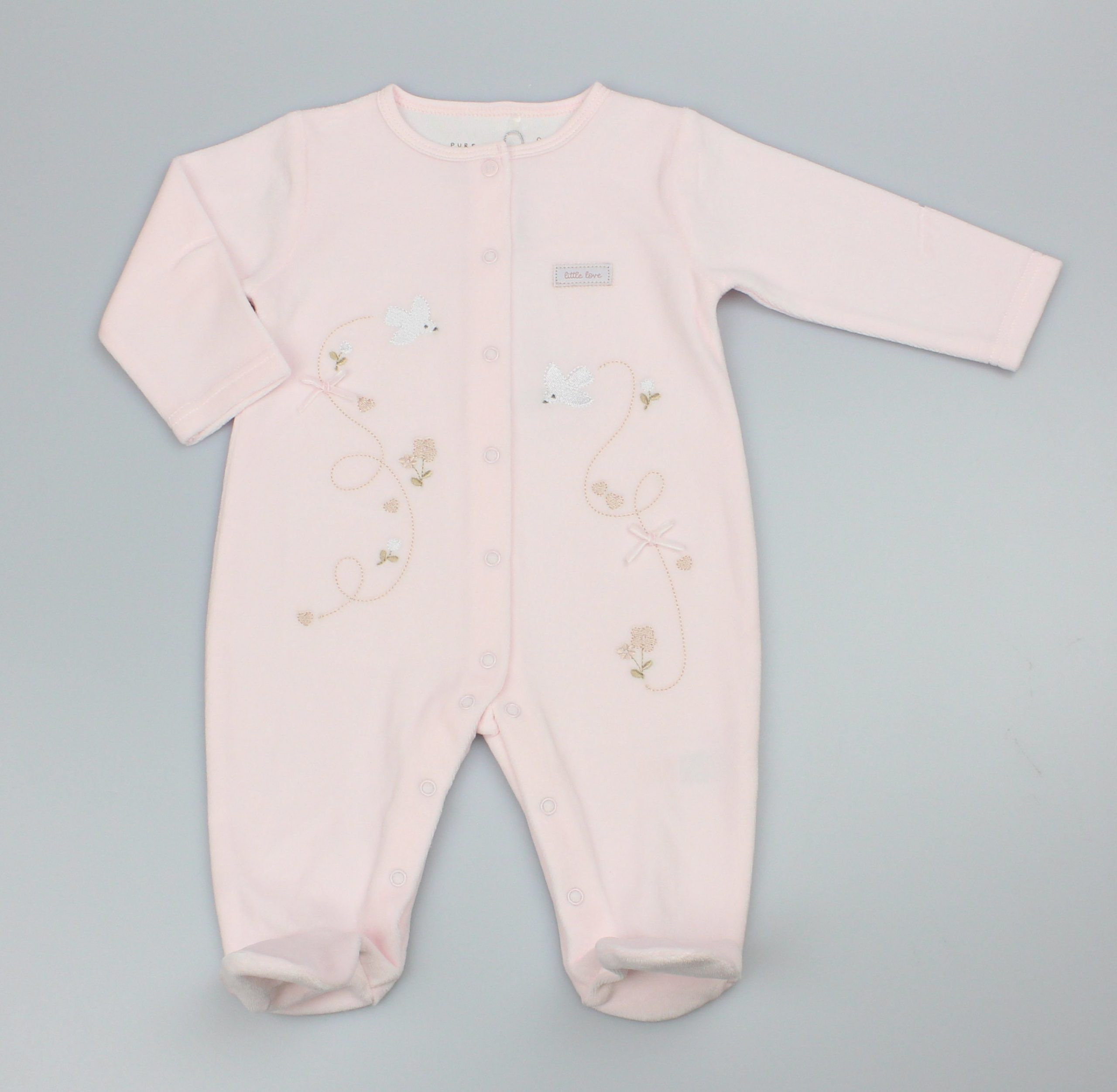 Pink Velour Bird Embroidered All In One – by Pure & Soft (0–9 Months) - Image 3