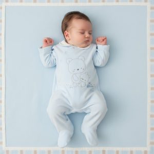 Sky Blue Velour Teddy Bear All In One – by Pure & Soft (0–9 Months)