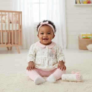 Pink Waffle Floral Woodland Dress, Leggings & Headband Set – by Watch Me Grow (0–9 Months)