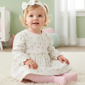 Pink Waffle Lamb & Woodland Dress, Tights & Headband Set – by Watch Me Grow (0–9 Months)
