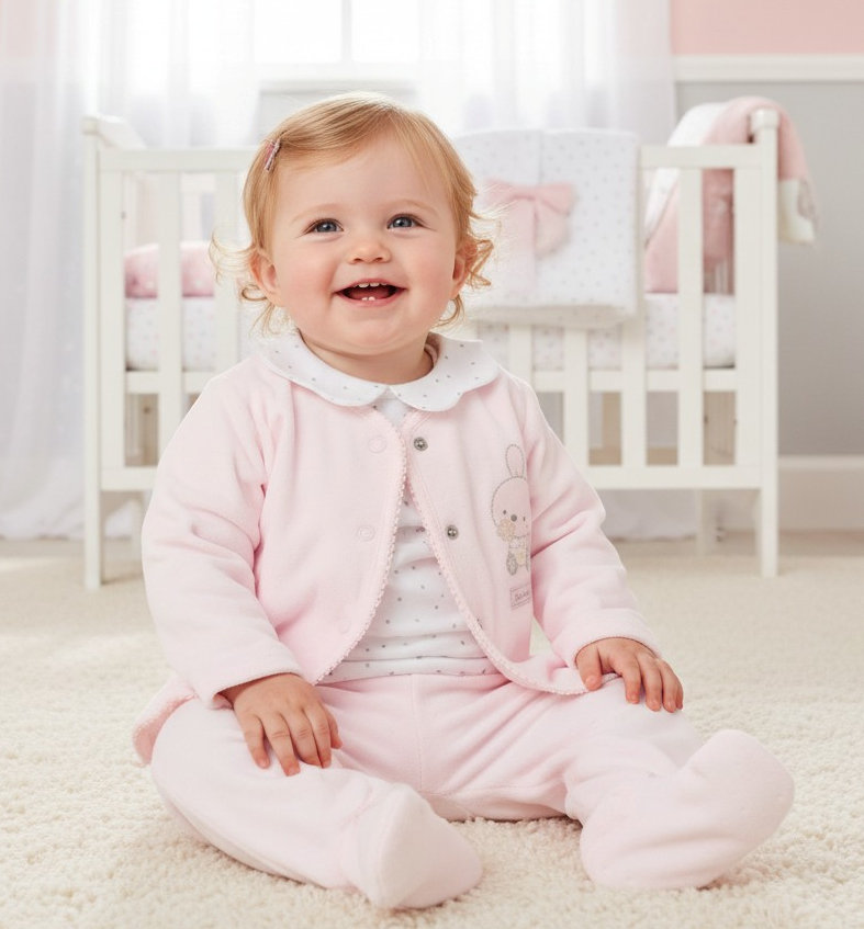 Pink Velour Bunny Jacket, Top & Footed Trousers Set – by Pure & Soft (0-9 Months)