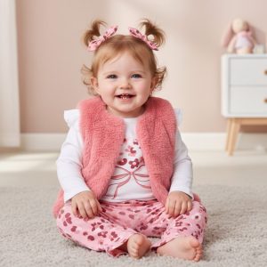 Pink Furry Gilet, Floral Bow Top & Flared Leggings Set – by Lily & Jack (12–24 Months)