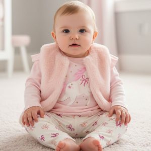 Pink Furry Gilet, Unicorn Top & Bow Leggings Set – by Lily & Jack (0–9 Months)