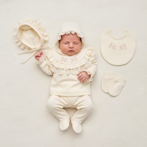 Ecru & Pink Floral & Lace Five Piece Baby Set – by MiniCayzen (0–3 Months)