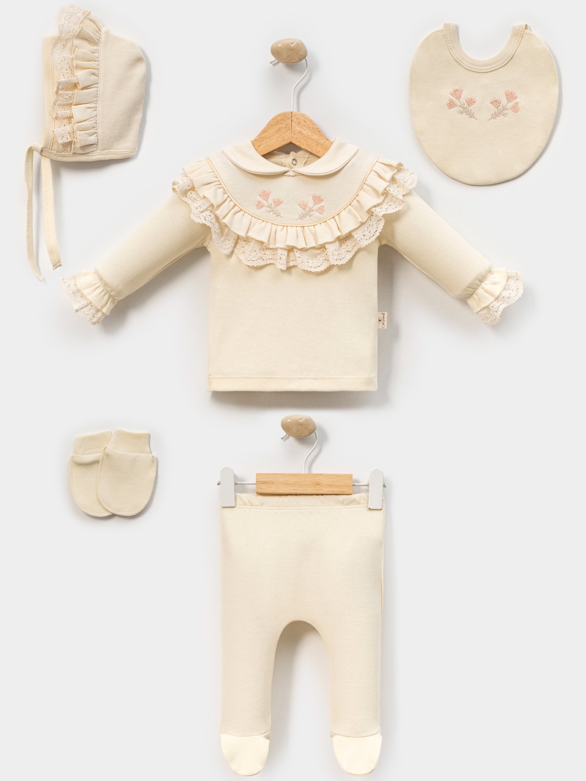 Ecru & Pink Floral & Lace Five Piece Baby Set – by MiniCayzen (0–3 Months) - Image 2
