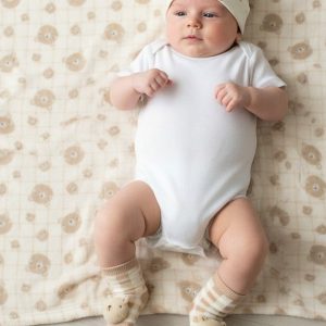 Beige Teddy Check Wrap, Hat & Rattle Socks Gift Set – by Pure & Soft (0–4 Months)