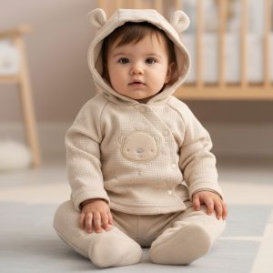 Beige Teddy Textured Quilted Hooded Top & Trousers Set – by Rock A Bye Boutique (Newborn–6 Months)